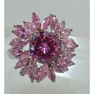 Vintage Ring Size 7 Silver Tone White Gold GP Pink CZ Diamond Cocktail
